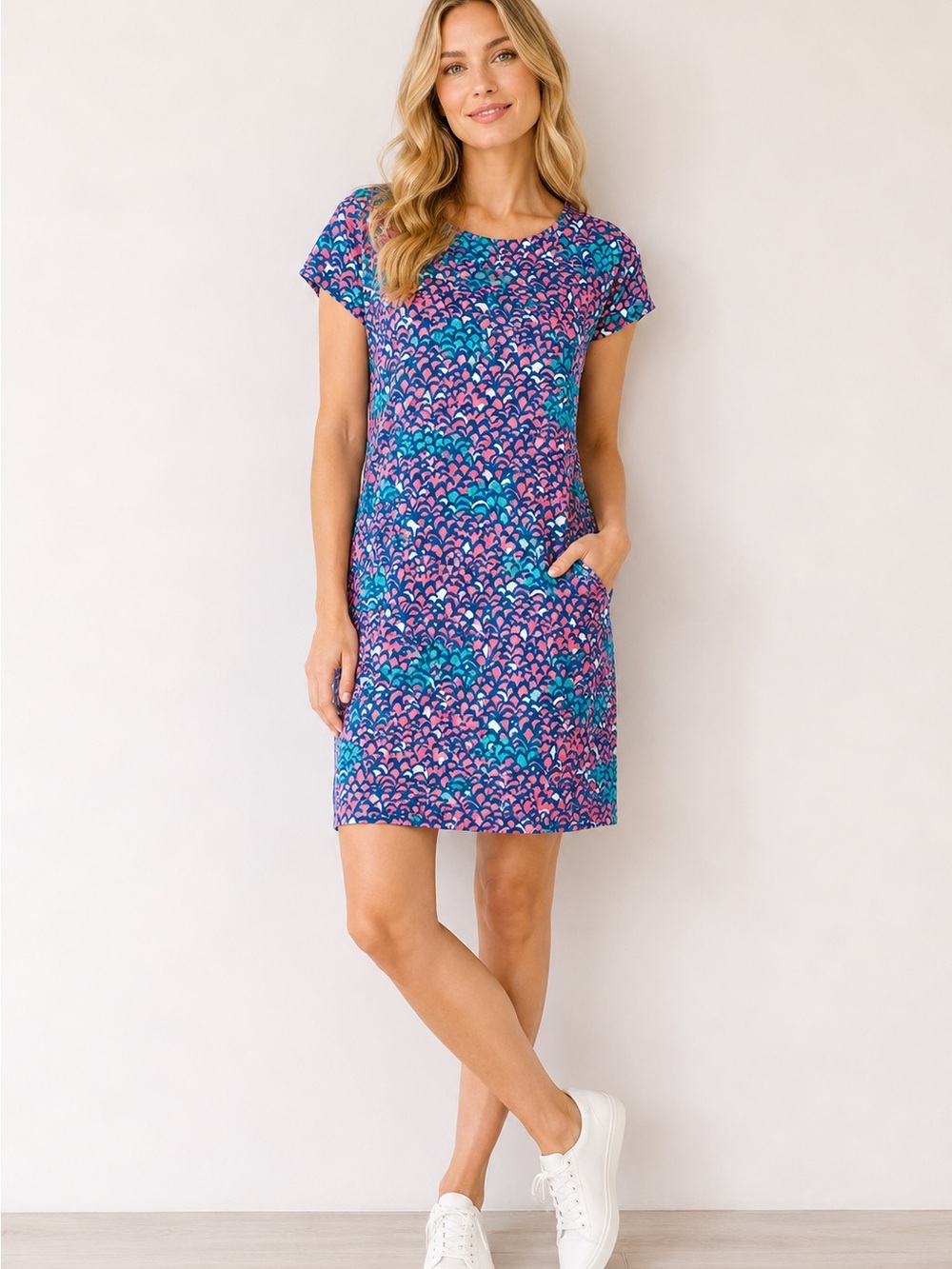 Hatley Nellie Scallop Print T-Shirt Dress Size Small Pink Blue Casual Shift S